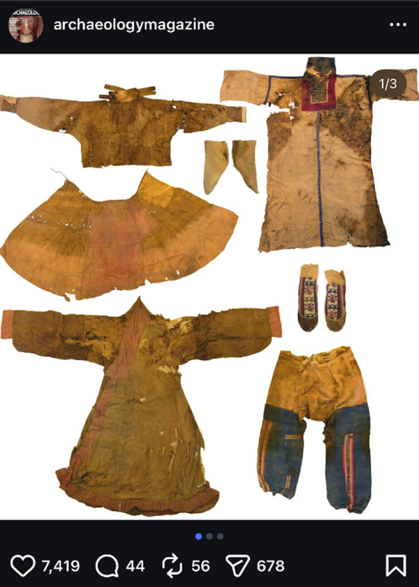 Screenshot of an Instagram post from @archaeologymagazine, with a photo of several pieces of old clothing