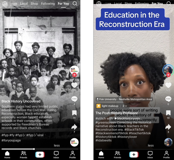 Screenshots of two TikTok videos, one from "Black History Uncovered" and one from "The Posh History Professor," about Reconstruction