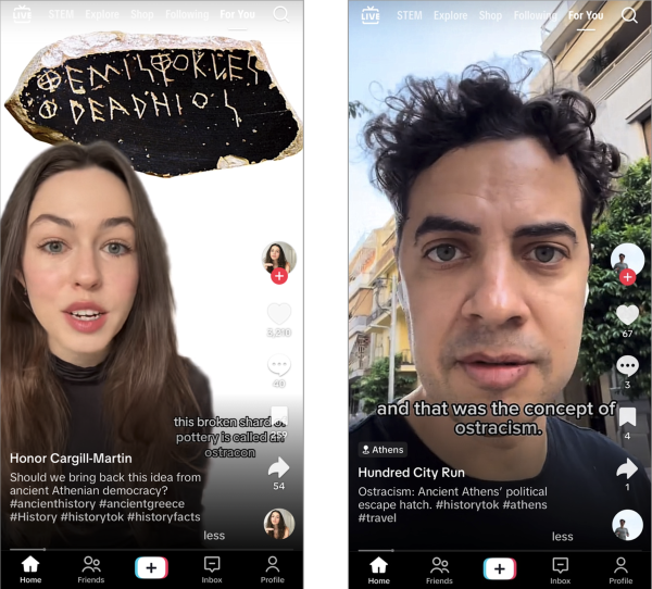 Screenshots of two TikTok videos, one from "Honor Cargill-Martin" and one from "Hundred City Run," about ostracism 