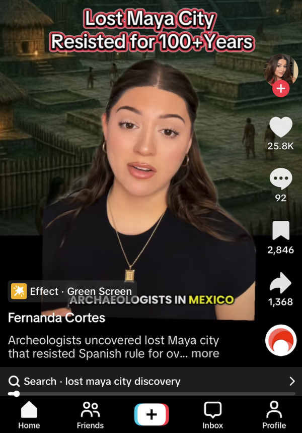 Screenshot of a TikTok video from Fernanda Cortes, with overlay text that reads "Lost Maya City Resisted for 100+ Years"