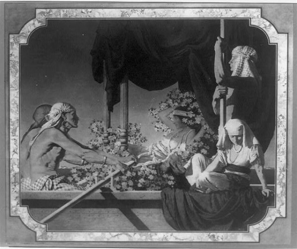 Black and white photo of a painting of Cleopatra surrounded by flowers in a boat with four people, likely servants.