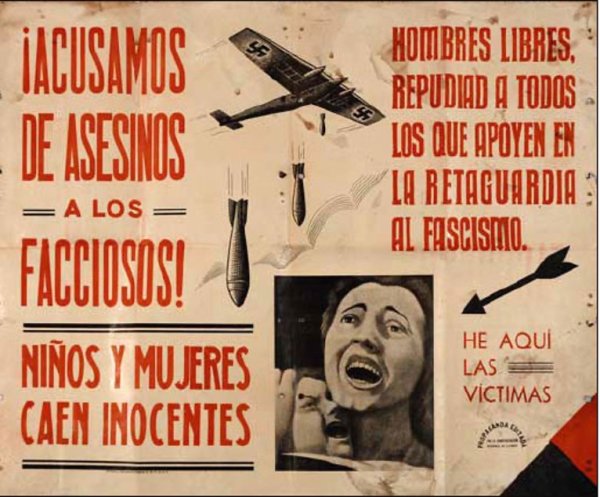 Poster with images of a Nazi plane dropping bombs and a woman holding a crying child surrounded by red Spanish text.