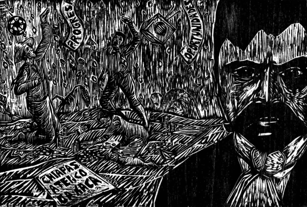 Linocut print with images of Emiliano Zapata, farmworkers, and banners that read "progresa" and "oportunidades," as well as a sign that says, “Chiapas/Atenco/Oaxaca.”