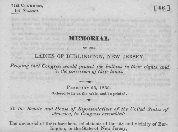 Photograph of a historical document titled "Memorial of the Ladies of Burlington, New Jersey," dated February 23, 1830