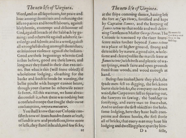 Two printed pages of a historical text titled "The new life of Virginea."