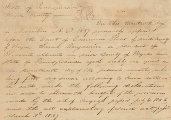 Handwritten, cursive text on yellow paper describing court testimony in Wayne County, Pennsylvania, from 1837.