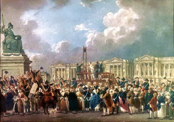 Image: A painting by Pierre-Antoine de Machy illustrating an execution by guillotine, 1807. From the Wikimedia Commons.