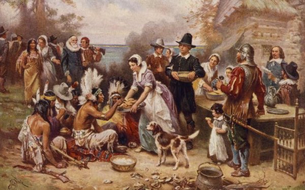 Image: Reproduction of The First Thanksgiving 1621, originally painted by J.L.G. Ferris. From the Library of Congress.