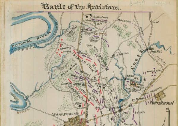Image: Map of forces in Washington County, Maryland during the Battle of Antietam by Robert Knox Sneden, 1861-1865. From the Library of Congress