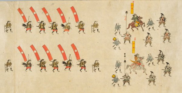 Image: Portion of a horizontal scroll depicting a battle formation, c. 1700s. From the Library of Congress.