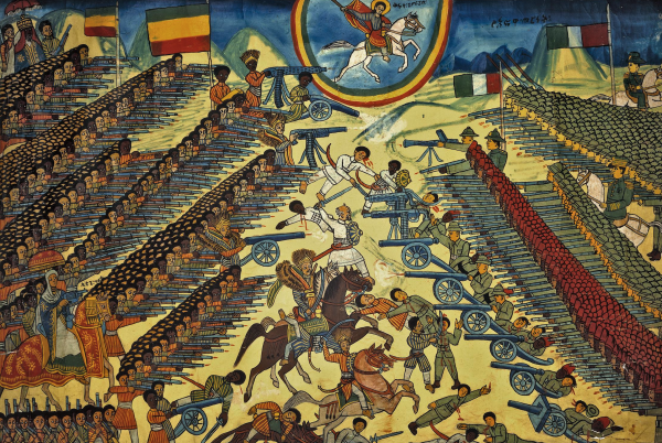 Painting of Ethiopian and Italian soldiers pointing guns each other on a battlefield. 