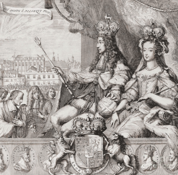 A detailed black-and-white engraving shows two crowned figures seated side by side, both wearing elaborate royal clothing.