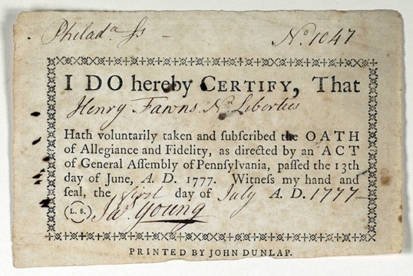 Photograph of a document signed by Loyalist Henry Fawns, swearing his loyalty to the American colonies in 1777