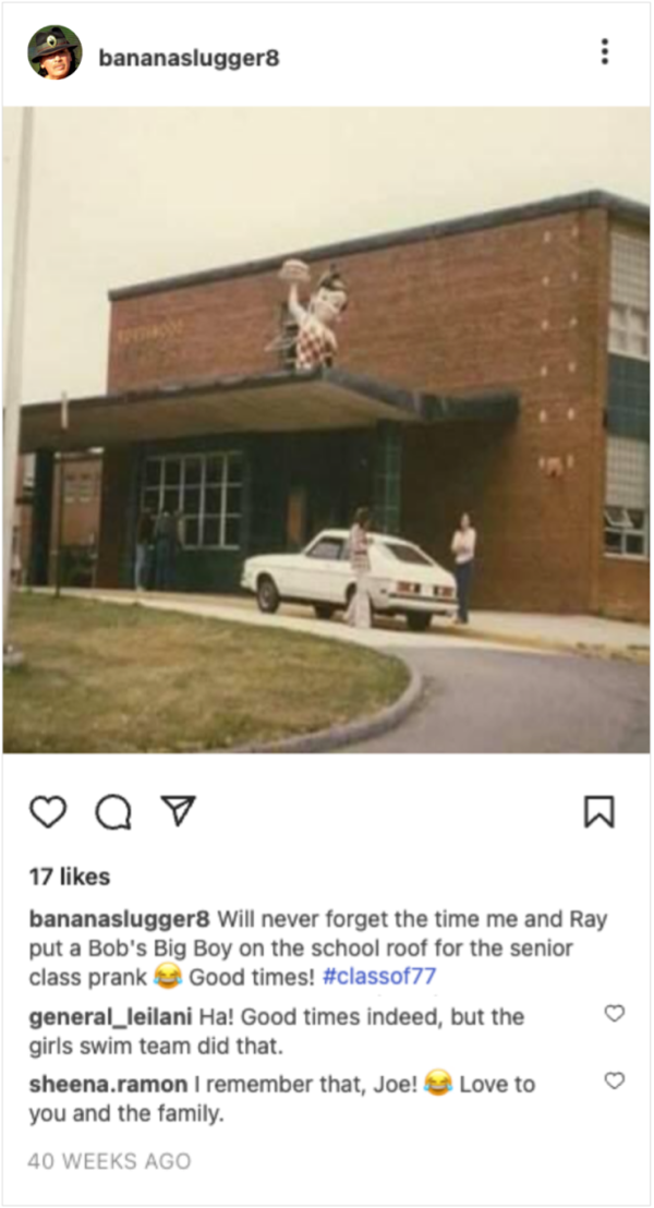 Instagram post from @bananaslugger8, with a photo of a burger statue on top of a brick school building