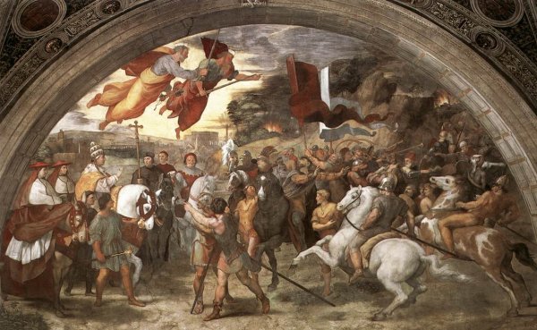 A wide painting depicts a meeting between a group of people on horseback, some in religious clothing and others in armor, and another group of men holding spears and swords. Two figures float in the sky, draped in flowing robes.