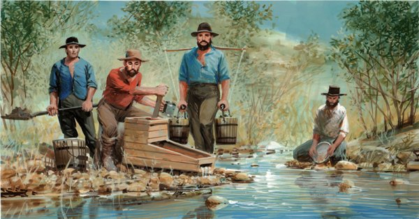 painting of four miners in the California Gold Rush