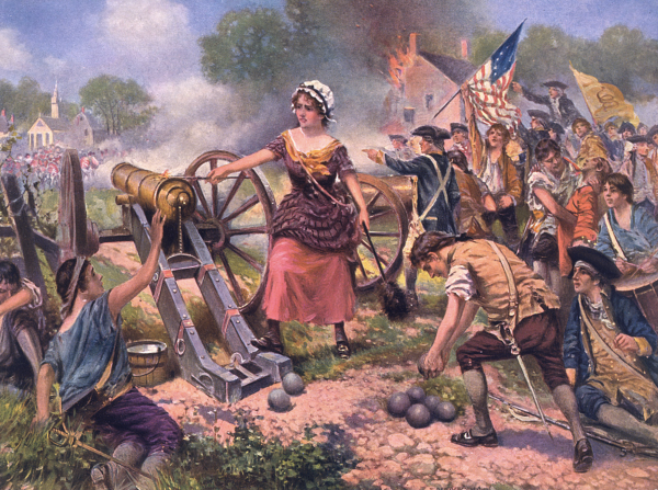 Painting of a woman in colonial dress lighting a cannon pointed at troops in red uniforms, while men beside her fire and load other cannons.