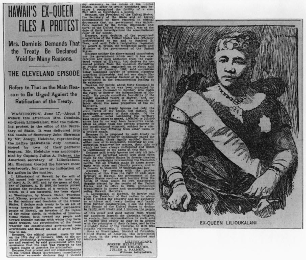 A black-and-white newspaper clipping featuring a headline about Hawaii's ex-queen filing a protest against a treaty, accompanied by a portrait of Liliuokalani.