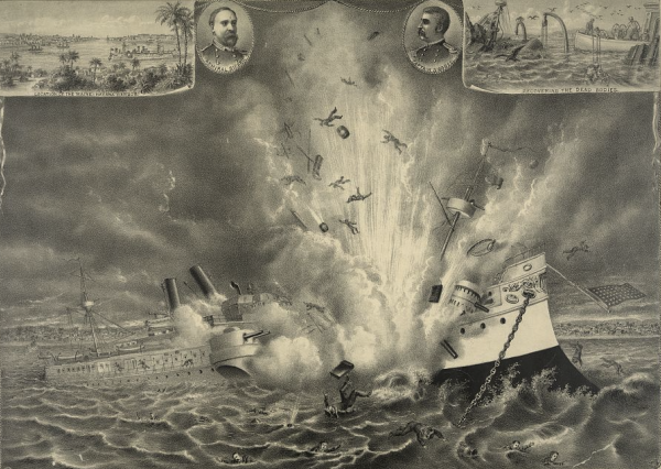 Historical illustration showing the explosion and sinking of the Maine. A massive explosion erupts from the middle of the ship, sending debris flying high into the air. 