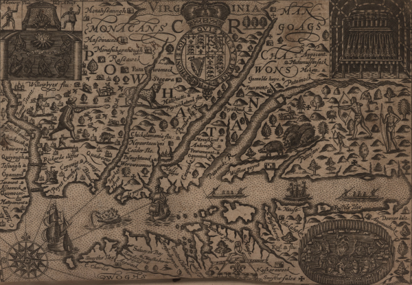 A detailed, hand-drawn map on light brown parchment shows Virginia and Maryland in 1636. The map is densely illustrated with both geographic and decorative elements. 