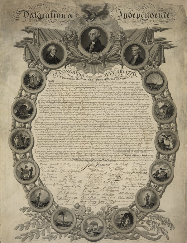 Historical reproduction of the Declaration of Independence, featuring an ornate border with portraits of key figures including George Washington, Thomas Jefferson, and Benjamin Franklin