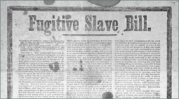 A photograph of a historical newspaper page titled "Fugitive Slave Bill," featuring dense columns of black text on aged paper.
