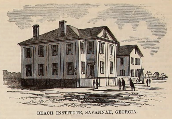 Historical illustration captioned “Beach Institute, Savannah, Georgia,” showing a large two-story school building with people and smaller buildings nearby.