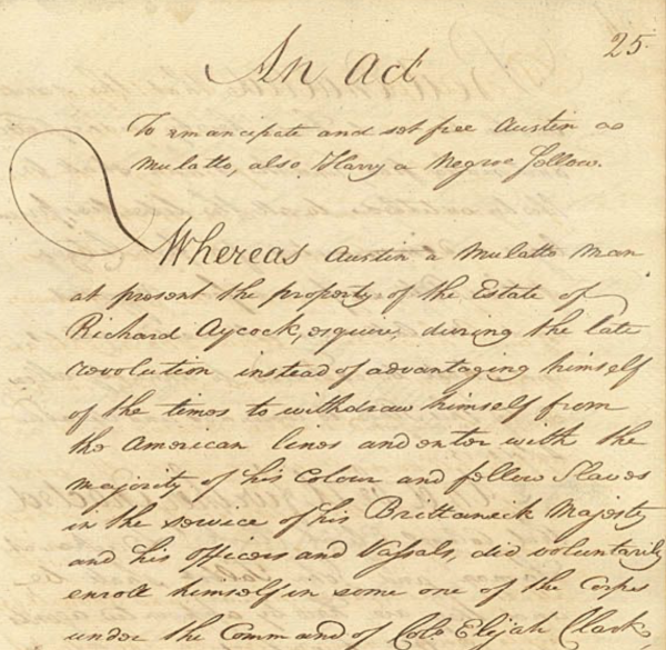 Historical document with cursive writing on yellowed paper titled "An Act to emancipate and set free Austin, a mulatto, also Harry, a Negro fellow."