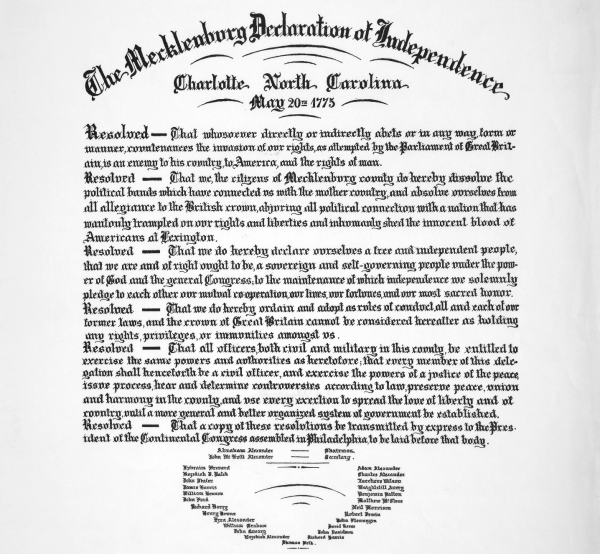 Historical document titled “The Mecklenburg Declaration of Independence.” The document features blackletter title, dense centered paragraphs, and a small decorative emblem.