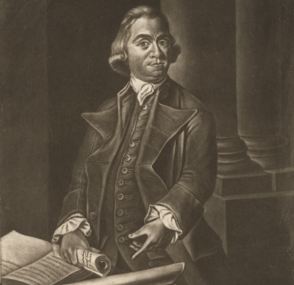 Engraved portrait of Samuel Adams, a white man in formal colonial clothing standing beside a desk covered with papers, books, and rolled documents. 
