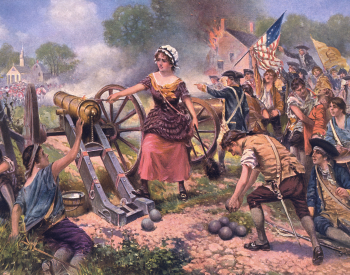 Painting of Molly Pitcher firing a cannon at the Battle of Monmouth