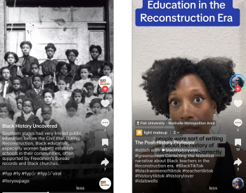 Screenshots of two TikTok videos, one from "Black History Uncovered" and one from "The Posh History Professor," about Reconstruction