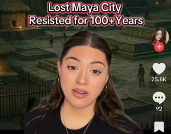 Screenshot of a TikTok video from Fernanda Cortes, with overlay text that reads "Lost Maya City Resisted for 100+ Years"
