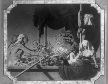 Black and white photo of a painting of Cleopatra surrounded by flowers in a boat with four people, likely servants.