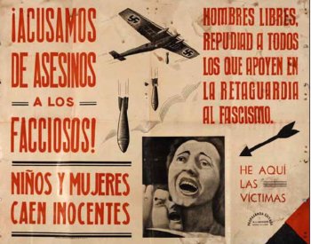 Poster with images of a Nazi plane dropping bombs and a woman holding a crying child surrounded by red Spanish text.