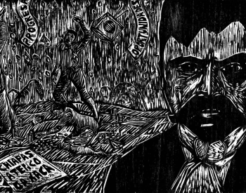 Linocut print with images of Emiliano Zapata, farmworkers, and banners that read "progresa" and "oportunidades," as well as a sign that says, “Chiapas/Atenco/Oaxaca.”