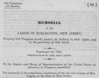 Photograph of a historical document titled "Memorial of the Ladies of Burlington, New Jersey," dated February 23, 1830