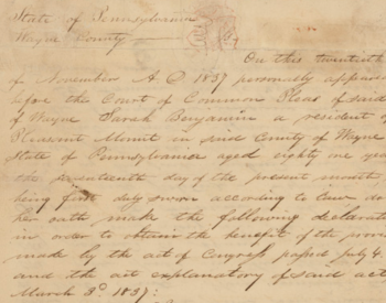 Handwritten, cursive text on yellow paper describing court testimony in Wayne County, Pennsylvania, from 1837.