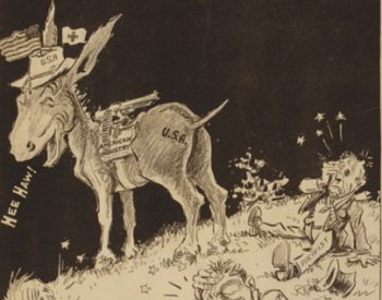 Image: A 1917 Political poster depicting U.S. industry as a mule kicking "Kaiserism," "Pacificism," and "Hard Times" by Morris. From the Library of Congress.